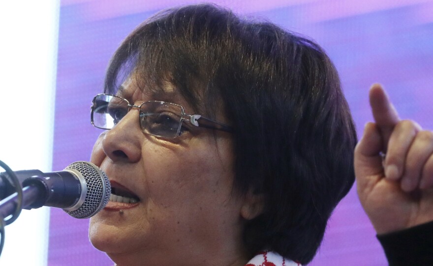 Leila Khaled, activist and prominent member of the Popular Front for the Liberation of Palestine PFLP, speaks during the congress of pro-Kurdish Peoples' Democratic Party, or HDP, in Februrary 2018.
