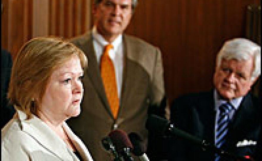 Judy Shepard, executive director of the Matthew Shepard Foundation and mother of hate crime victim Matthew Shepard, and Republican Sen. Gordon Smith of Oregon (center) and Sen. Ted Kennedy (D-MA) hold a news conference at the U.S. Capitol in April. Kennedy and Smith have sponsored a hate crimes measure named in honor of Shepard's son, who was murdered in an anti-gay hate crime in Wyoming in 1998.