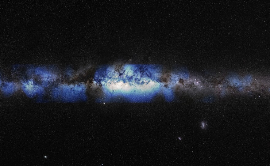 An artist's composition of the Milky Way's interior, with neutrino emissions in blue.