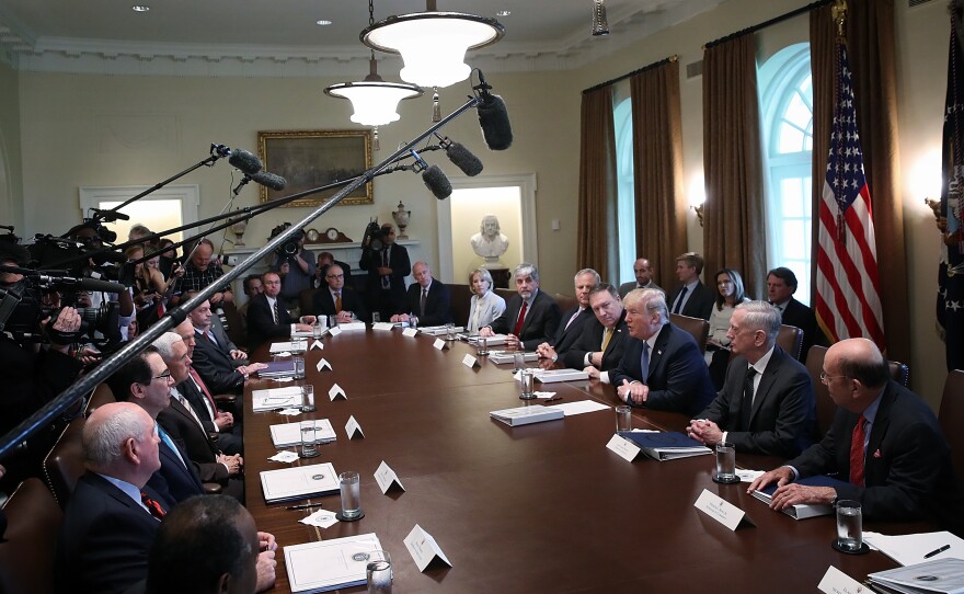 President Trump speaks during a cabinet meeting at the White House on June 21, 2018. Just over a year later, he's had turnover in the departments of Justice, Interior, Homeland Security, Defense, Labor, and a number of lower agencies.