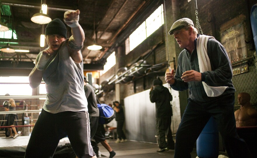 Tommy (Tom Hardy) reluctantly working out with his estranged father (Nick Nolte) in "Warrior."