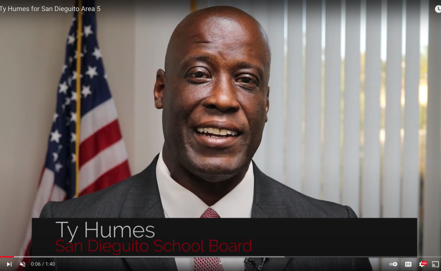 Candidate Ty Humes is seen in this screenshot of his Oct. 2, 2021, campaign video for the San Dieguito Union High School District board.