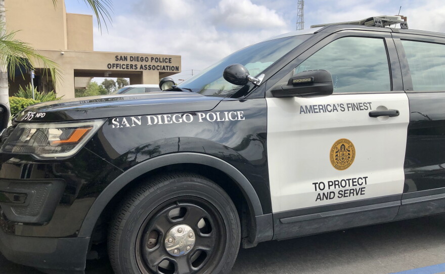 A San Diego Police car is parked in front of their union building, May 3, 2022.