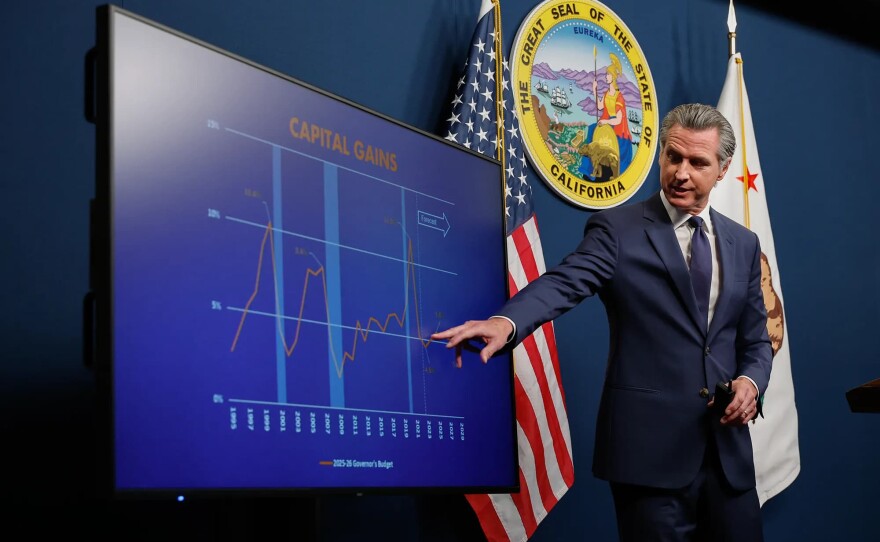 Gov. Gavin Newsom addresses the media during a press conference unveiling his revised 2025-26 budget proposal at the Capitol Annex Swing Space in Sacramento on May 14, 2025. Photo by Fred Greaves for CalMatters