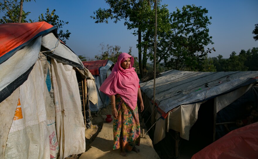 Shafika Khatun, 30, lives in what's known as the "widows' village" of the Hakimpara camp for Rohingya refugees in Cox's Bazar, Bangladesh. There are no men in the cluster of 34 shelters. Most of the women's husbands were killed in the recent violence.