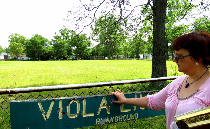 Sally Liuzzo-Prado stands in a park dedicated to her mother, Viola Liuzzo, the civil rights activist who was killed in Alabama.