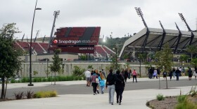 People arrive for an event at Snapdragon Stadium in Mission Valley, Sept. 16, 2023.