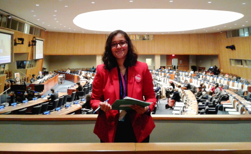 Sakshi Satpathy at the U.N.'s headquarters in March. On Thursday, she received an award from the Girl Scouts at the U.N. for her work to fight child marriage and human trafficking.