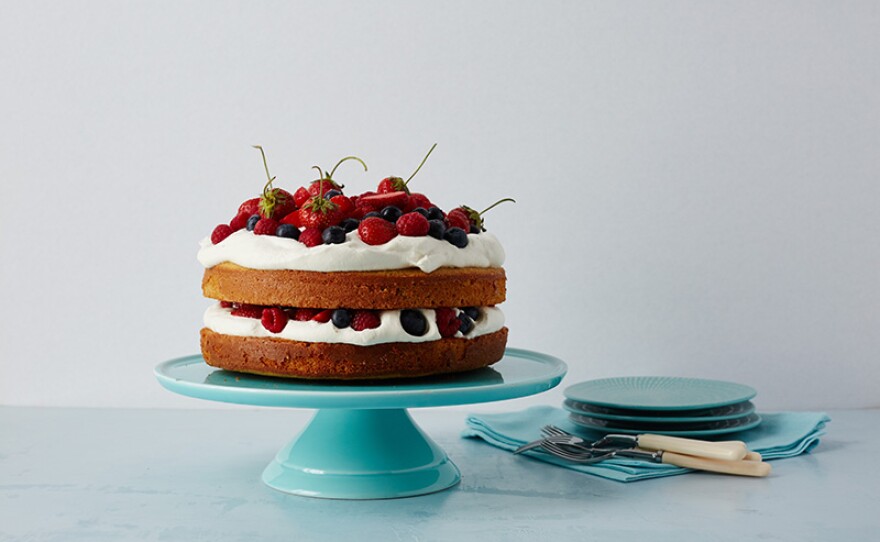 Martha replaces the usual ingredients with more wholesome substitutes in a lofty spelt layer cake lightened with whipped cream and berries.