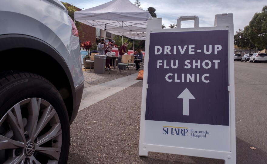 Drive-thru flu shot clinic at Sharp HealthCare Coronado hospital, Nov. 1, 2021.