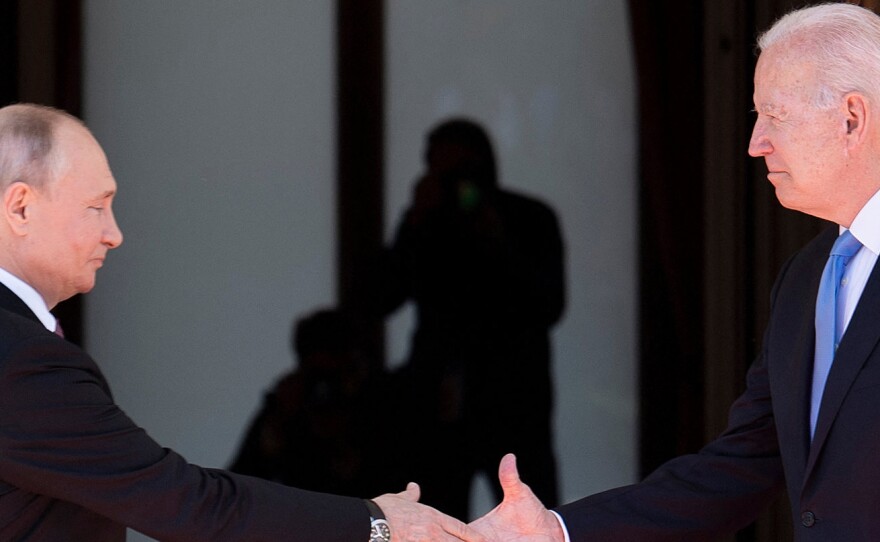 Russian President Vladimir Putin shakes hands with President Biden prior to the U.S.-Russia summit at the Villa La Grange, in Geneva on June 16, 2021.