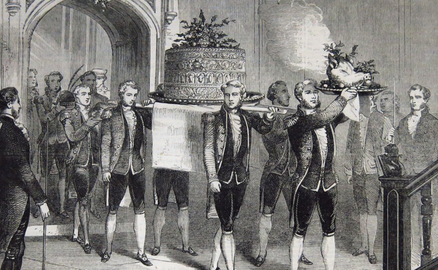 An illustration from the 1800s shows the procession of the boar's head and massive pie filled with many kinds of wild game. Ivan Day calls it the turducken of its time.