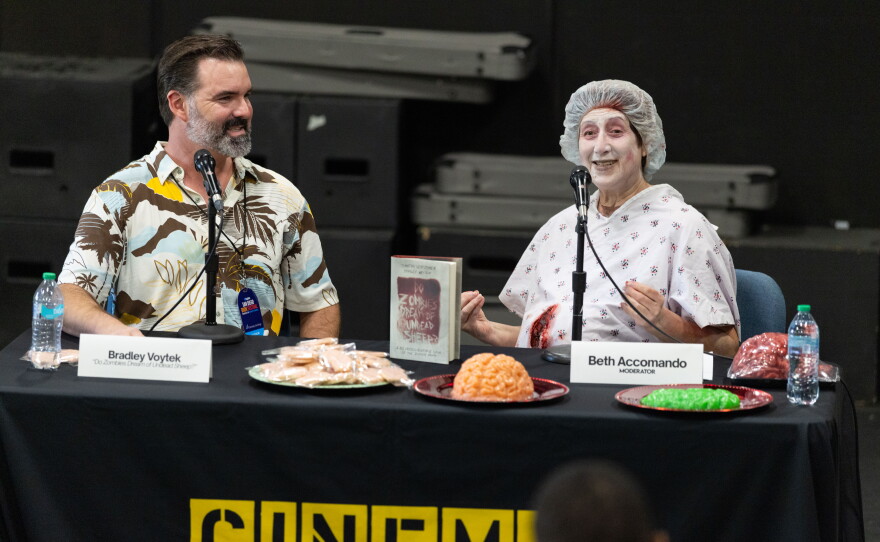 Author and neuroscientist Bradley Voytek and Cinema Junkie "undead" host Beth Accomando. Aug. 22, 2026