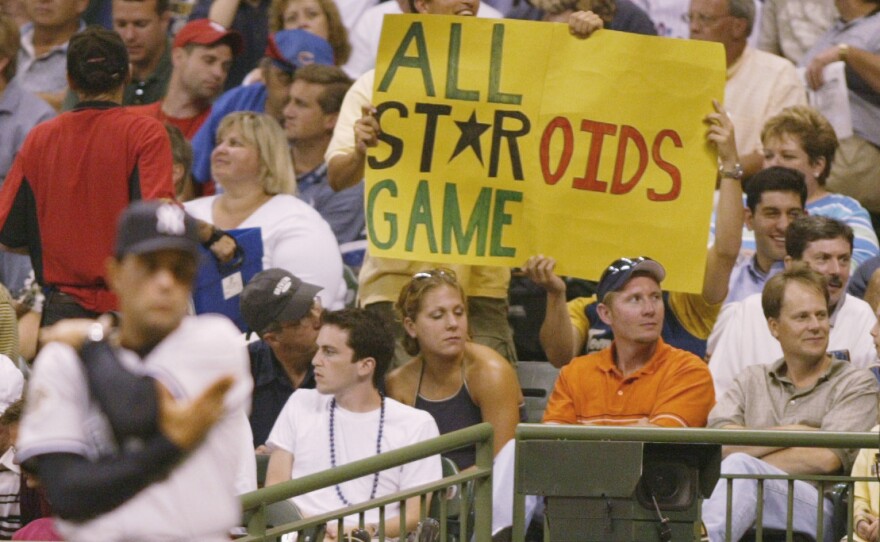 A fan raises his objections at the 2002 Major League Baseball All Star Game.