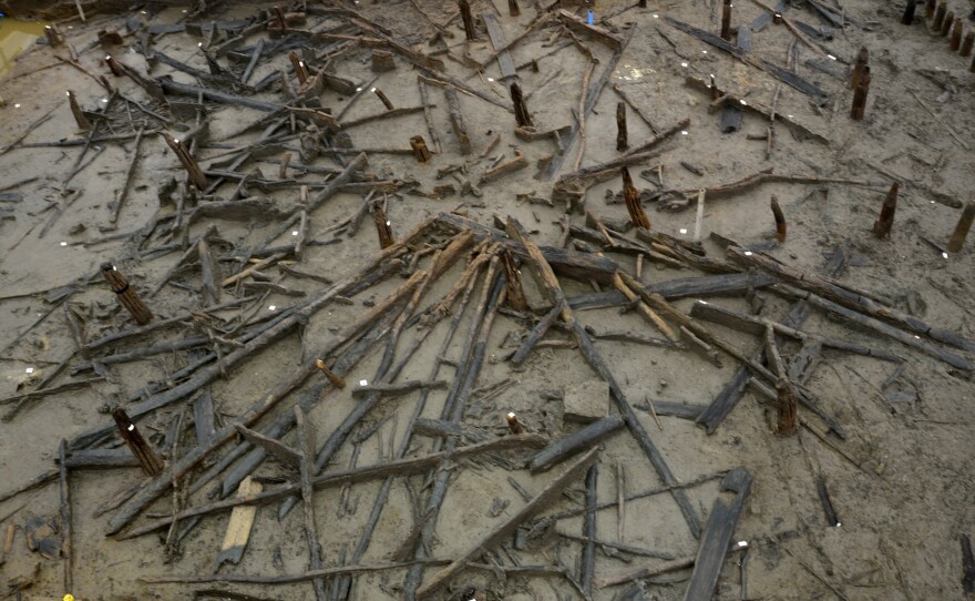 Remains of a Bronze Age circular house show inner and outer post rings and collapsed roof timbers "like spokes in a wheel."