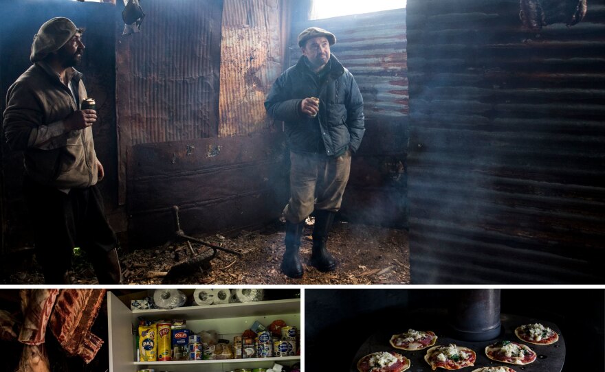 Top: Without refrigeration at the ranch, meat is smoked to keep it fresh longer. Left: The pantry is stocked with provisions and homegrown beef. Right: A woodburning stove heats the house. The top of the stove can also be utilized to boil water, warm bread, or in this case, melt the cheese on tortilla pizzas.