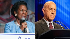 Left: Houston mayoral candidate U.S. Rep. Sheila Jackson Lee during a campaign event on Oct. 27, 2023 in Houston. Right: State Sen. John Whitmire during a debate on Oct. 10, 2023 in Houston.