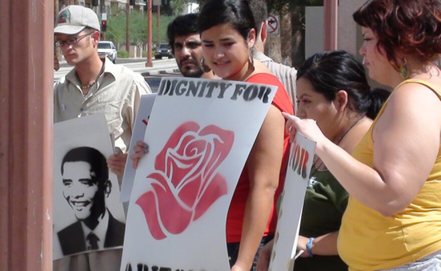 Activists demonstrate outside of Immigration and Customs Enforcement.