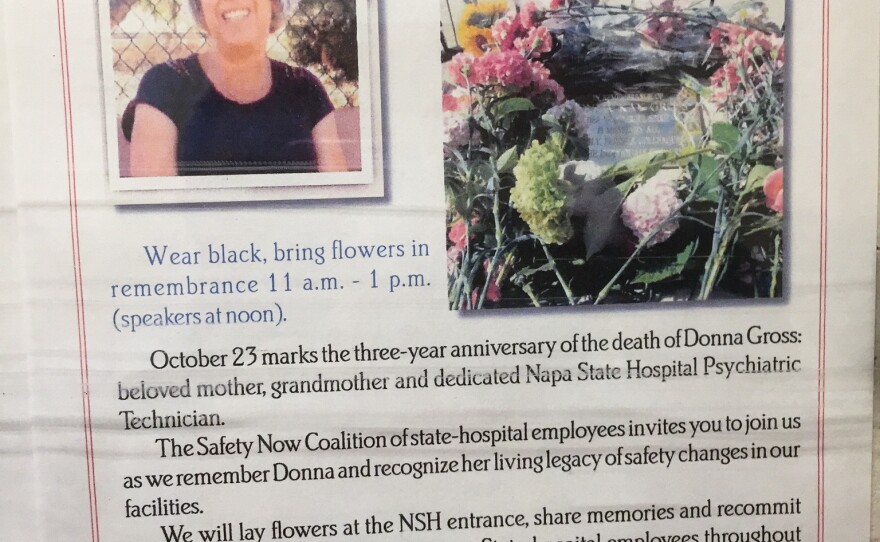 A 2013 flier, still posted on a union hall bulletin board, details a remembrance day held for Donna Gross, the Napa State Hospital employee murdered on hospital grounds on Oct. 23, 2010.