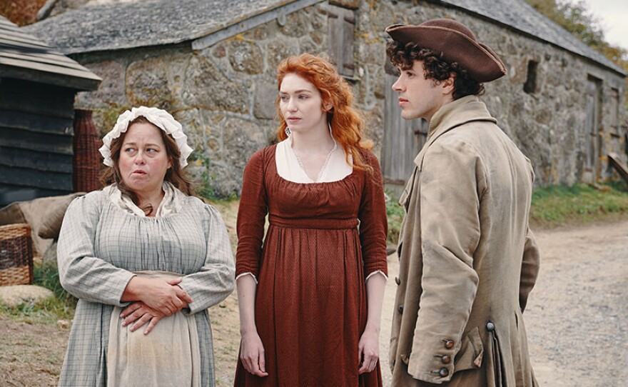 Beatie Edney as Prudie, Eleanor Tomlinson as Demelza and Harry Richardson as Drake Carne.