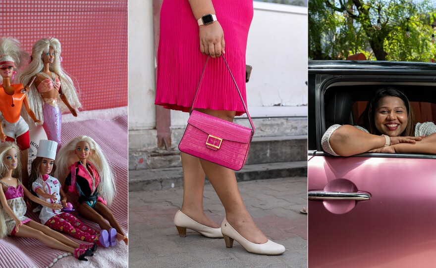 Scenes from a Barbie super fan's life in India: dolls she held onto, her love of pink garb ... and her very pink auto.  She says pink makes her think of "love, joy, femininity and playfulness."