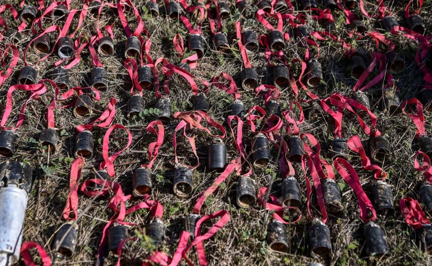 Unexploded cluster bombs are seen here in 2020, collected during the military conflict between Armenia and Azerbaijan over the breakaway region of Nagorno-Karabakh.