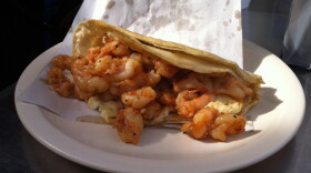 Promotional photo of a seafood taco as featured in "Mexico - One Plate At A Time With Rick Bayless."