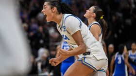 UCLA center Lauren Betts (51) rects after defeating Duke in the Elite Eight of the NCAA college basketball tournament Sunday, March 29, 2026, in Sacramento, Calif.