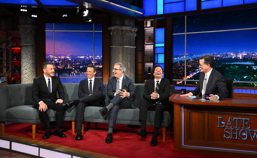 The Late Show with Stephen Colbert and guests Jimmy Kimmel, Jimmy Fallon, John Oliver, and Seth Meyers during Monday's May 11, 2026 show.