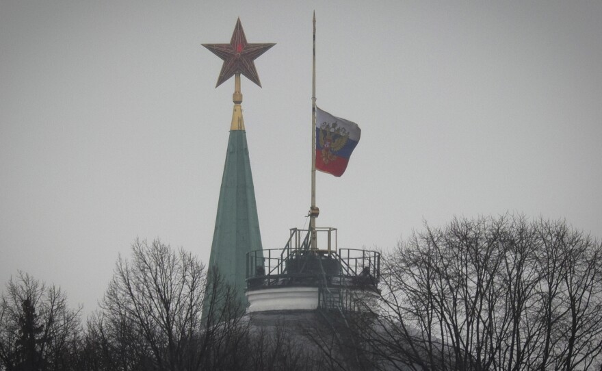 Russian President's Flag flies at half mast over the Kremlin in Moscow. Russia observed a national day of mourning on Sunday, two days after an attack on a suburban Moscow concert hall that killed over 130 people.