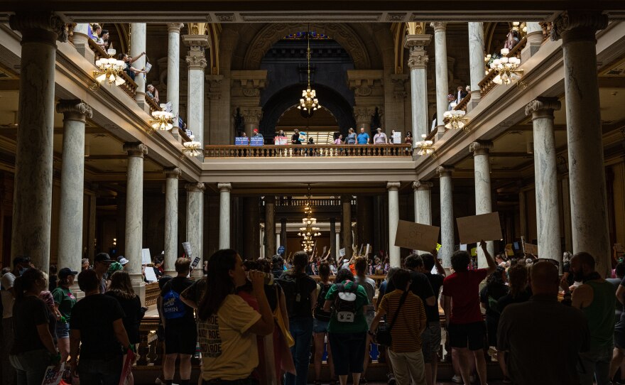Abortion rights protesters in the Indiana State Capitol building on Monday.