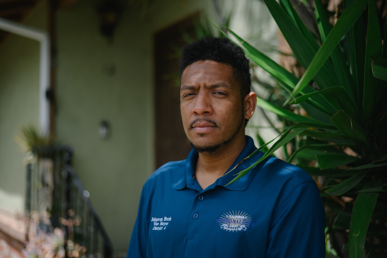 National City Vice Mayor Marcus Bush stands for a portrait at his home in National City, California on May 13, 2025. Bush says city leadership needs to be taking greater oversight of the police department.