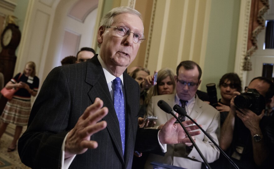 Senate Majority Leader Mitch McConnell speaks to reporters on Capitol Hill on Tuesday. He is expected to end the judicial filibuster in a bid to confirm Supreme Court nominee Neil Gorsuch.