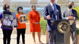California Gov. Gavin Newsom and Attorney General Rob Bonta (far right) at a press conference on June 10, 2021, in San Francisco denouncing a San Diego's judge decision to overturn the state's assault weapon ban. 