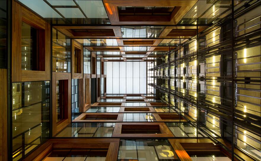 Another view from the inside of the UC Innovation Center. "A powerful structure from a distance, it is remarkably humane and inviting," the jury citation reads. "Through a reversal of convention, the building is an opaque concrete structure on the exterior and has a light filled glass atrium inside."