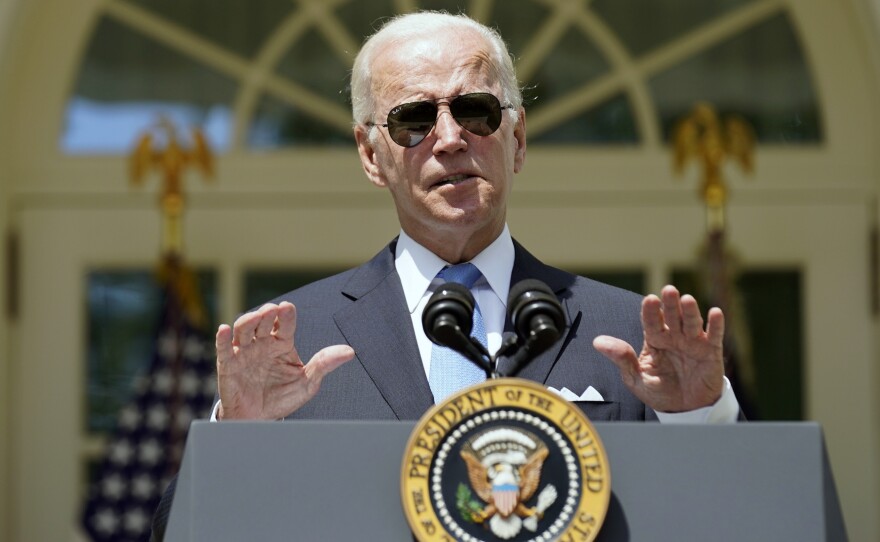 President Joe Biden speaks in the Rose Garden of the White House in Washington on Wednesday.