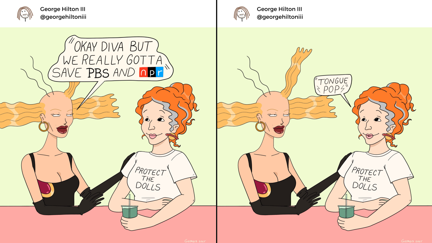 Artwork by George Hilton III features a crossover between Ms. Frizzle from "The Magic School Bus" and Cynthia, Angelica's doll from "Rugrats."