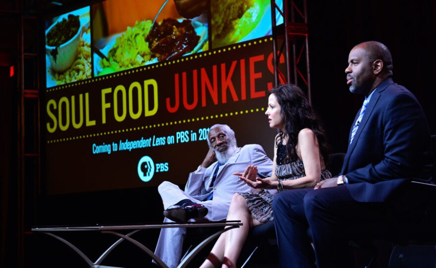 During PBS’ INDEPENDENT LENS “Soul Food Junkies” session at the TCA Summer Press Tour in Los Angeles, Calif. on Saturday, July 21, 2012, comedian and social activist Dick Gregory, series host Mary-Louise Parker, filmmaker Byron Hurt and series producer Lois Vossen discuss the soul-food tradition and its relevance to black cultural identity.
