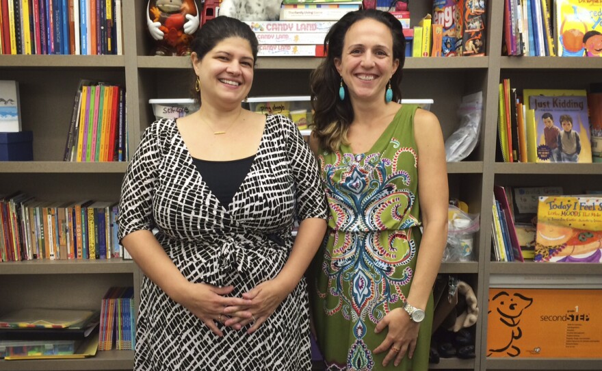 Principal Jessica Nauiokas (left) with social worker Gabriella Cassandra at Haven Academy in the Bronx, N.Y.