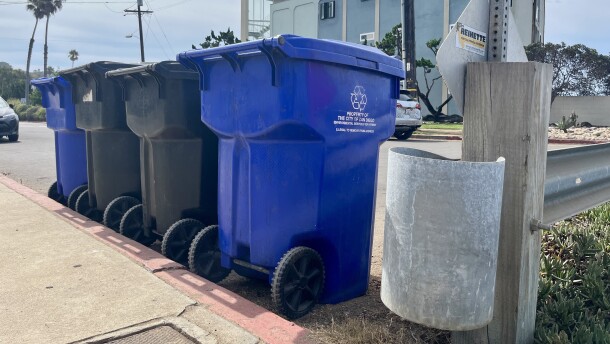 Recycling and trash cans sit curbside in Ocean Beach, San Diego on Sept. 17, 2025.