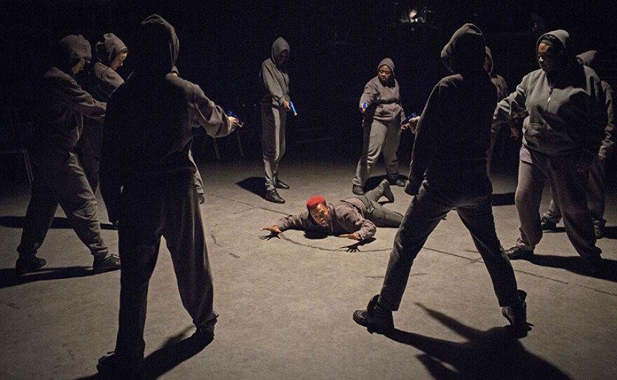 Jade Anouka (Mark Antony) and Company in "Julius Caesar."