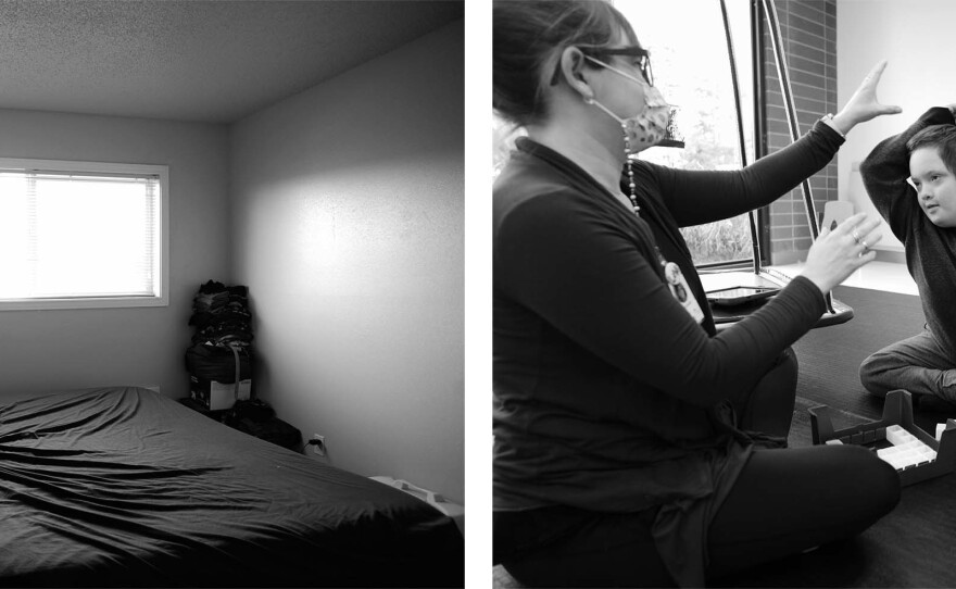 Gabe Aguilera (left) has Down Syndrome and possibly autism. The isolation of COVID is a challenge for him and his family. Peyton and Chrysalis (right) work with Aguilera at the speech and occupational clinic. His parents are struggling with his aggressive behavior.