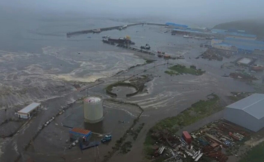 This image taken from a video released by Geophysical Service of the Russian Academy of Sciences, shows the aftermath of tsunami hitting the coastal area of Severo-Kurilsk at Paramushir island of Kuril Islands, Russia, Wednesday, July 30, 2025.