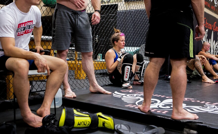 Mazany takes a break from her training. For the past six years, researchers have been looking for changes in blood work, brain scans and mental functioning in the fighters enrolled in their study. So far, Mazany's tests show her brain functioning hasn't been affected.