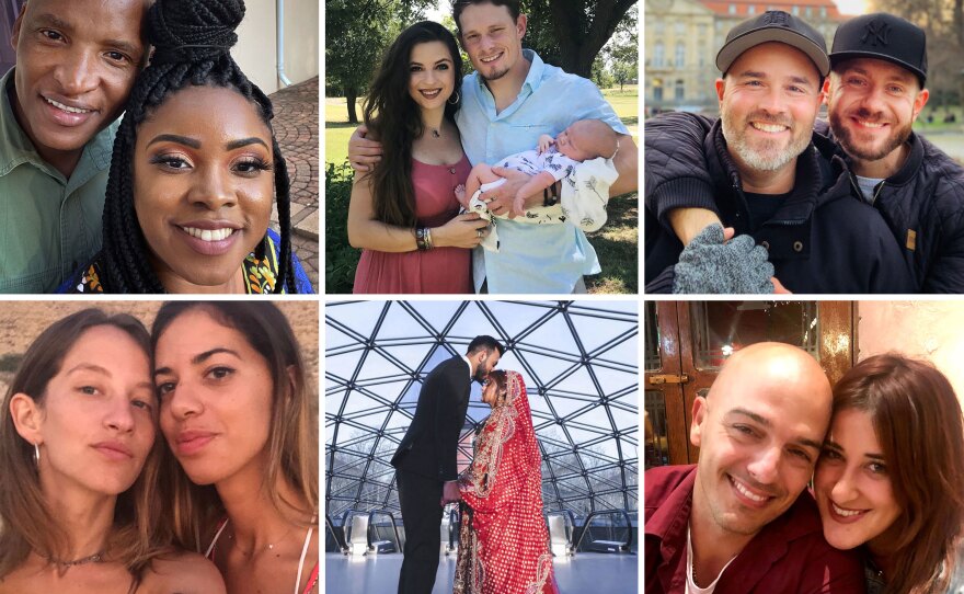 Thousands of couples have been separated by pandemic-related travel restrictions. Some have managed to reunite, but many are still trying to find a way. (Clockwise from top left: Johannes Mahele and Joresa Blount, Corsi Crumple and Sean Donovan, Todd Alsup and Sebastian Pindel, Marissa Daniela and Yoel Díaz Cuní, Rezan al-Ibrahim and Aysha Shedbalka, and Yahli Maoz and Gemma González.)