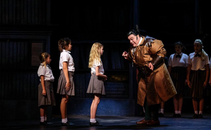 A photo of Randall Hickman (right) and Miss Trunchbull, from Moonlight Amphitheatre's 2019 production of "Matilda The Musical."
