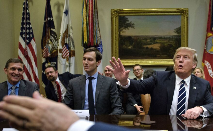 Then-national security adviser Michael Flynn, senior adviser Jared Kushner and President Trump. Flynn pleaded guilty to lying to the FBI. Now, the focus moves to what he told investigators.