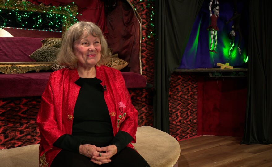 Kata Pierce-Morgan on the Les Girls Theater stage before a rehearsal of her new San Diego Fringe play, "Simmer." April 29, 2026