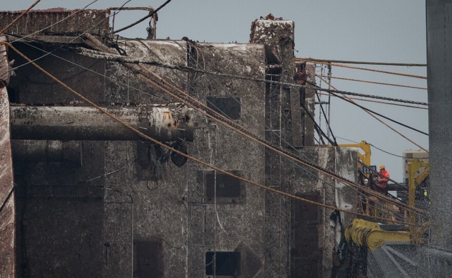A close-up photograph of the remains of the Sewol, as seen during a salvage operation off the coast of South Korea's southern island of Jindo on Friday.