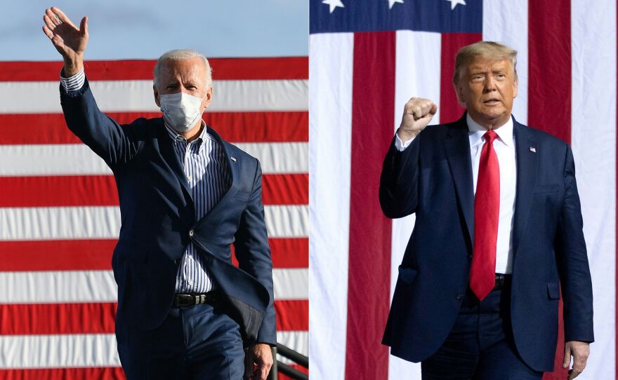 Democratic presidential nominee Joe Biden waves to supporters before speaking at a drive-in rally in Dallas, Pa., on Oct. 24. In a separate photo, President Trump campaigns in Gastonia, N.C., on Oct. 21.